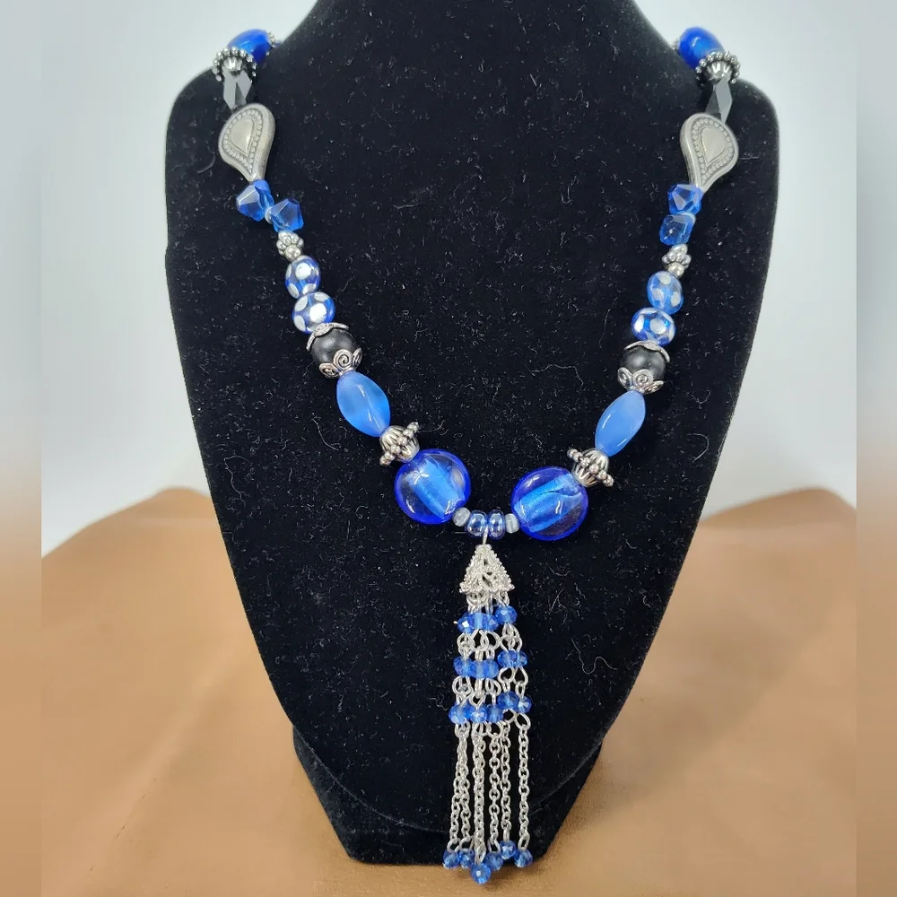 Handmade Stunning Blue and Silver Beaded Necklace 21